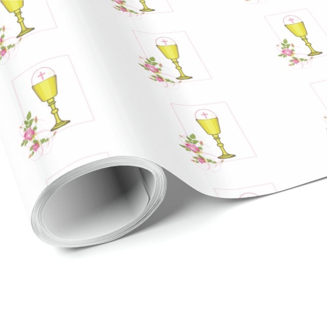 Personalize Girl Name Pink First Holy Communion Wrapping Paper (Roll Corner)