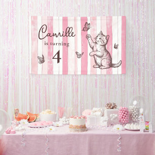 Personalize Girl Vintage Pink Kitten Birthday Banner