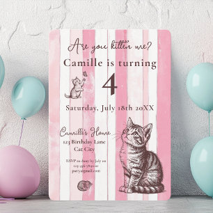 Personalize Girl Vintage Pink Kitten Birthday Invitation