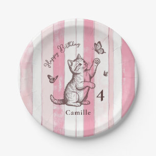 Personalize Girl Vintage Pink Kitten Birthday Paper Plates