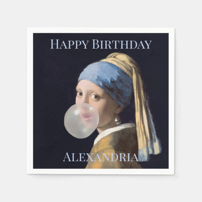 Personalize Girl with pearl earring blowing gum  Napkins (Front)