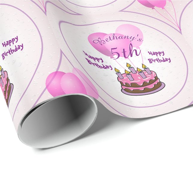 Personalize Girls 5th Birthday Party Pink Balloons Wrapping Paper (Roll Corner)
