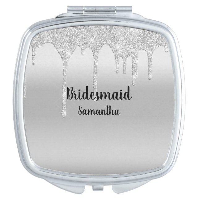 Personalize Glitter Drips Silver Bridesmaid Gift Compact Mirror (Front)