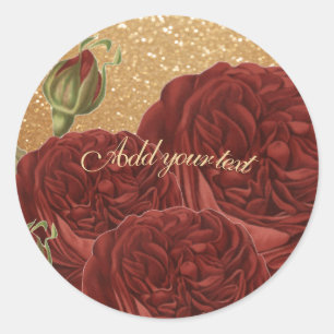 Personalize Glitter Gold and Red Roses Classic Round Sticker