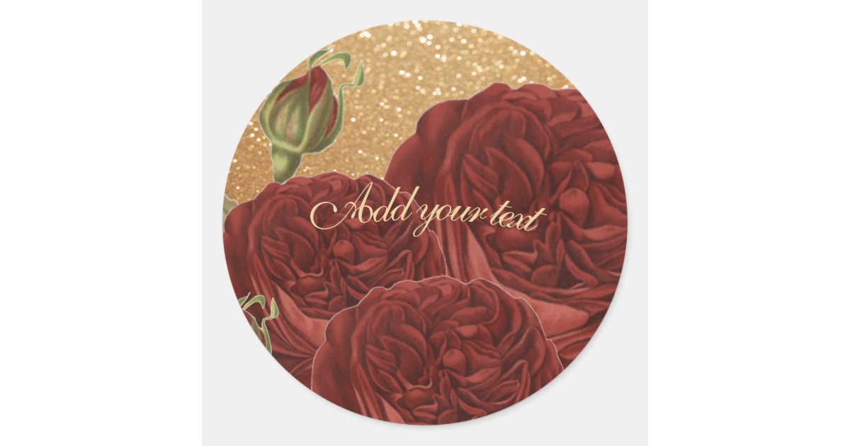 Personalize Glitter Gold and Red Roses Classic Round Sticker | Zazzle
