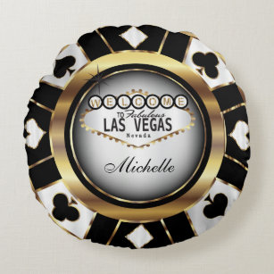 Personalize Gold, Black and White Poker Chip Round Pillow
