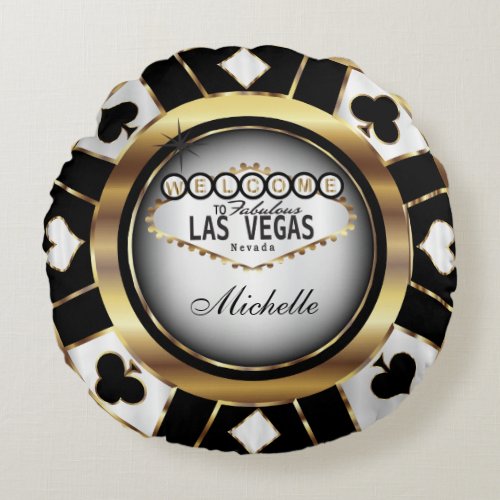 Personalize Gold Black and White Poker Chip Round Pillow