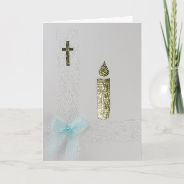 Personalize Gold Candle, holy cross and blue bow Card (Front)