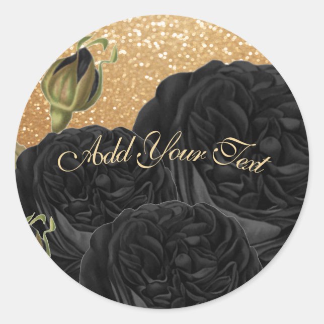 Personalize Gold Glitter and Black Roses Classic Round Sticker (Front)