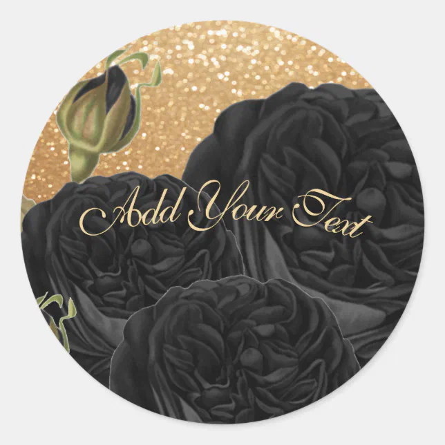 Personalize Gold Glitter and Black Roses Classic Round Sticker | Zazzle