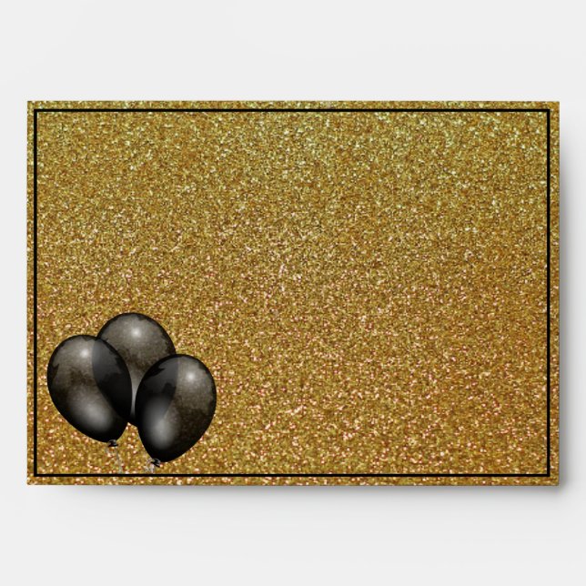 Personalize gold glitter black balloons envelope (Front)