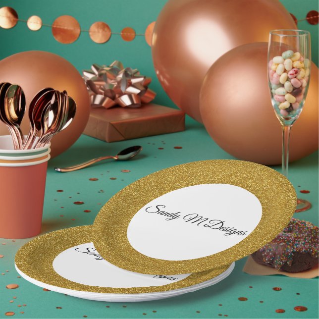 Personalize Gold Glitter Frame Image Your Name Squ Paper Plates (Multi)