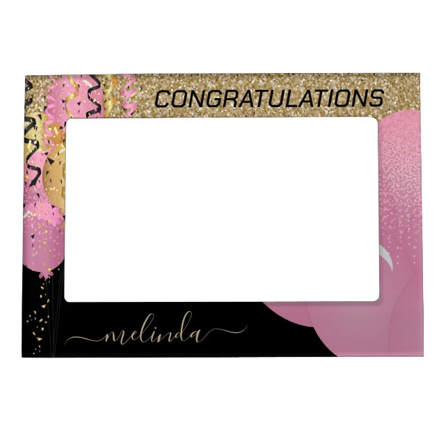 Personalize Gold Glitter, Pink & Black Magnetic Frame (Front)