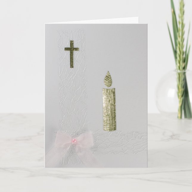 Personalize Gold Holy cross, candle and pink bow Card (Front)