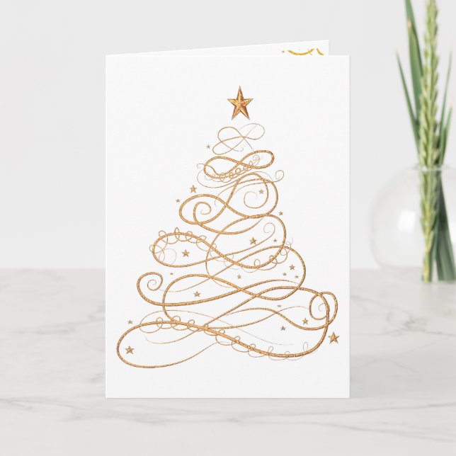 Personalize: Gold Metallic Filigree Christmas Tree Holiday Card (Front)