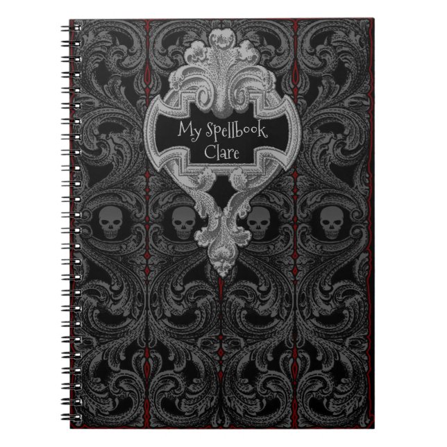 Personalize Goth Gray  Ornament & Skull Spellbook Notebook (Front)