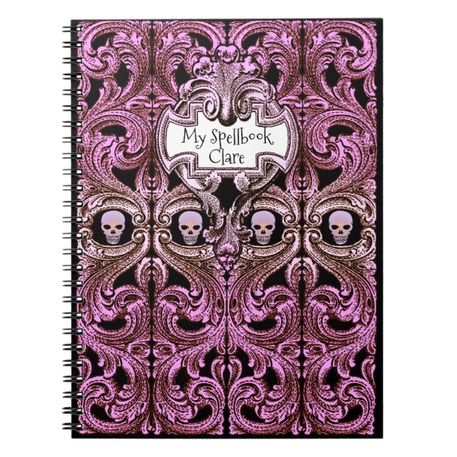 Personalize Goth Purple Ornament & Skull Spellbook Notebook (Front)