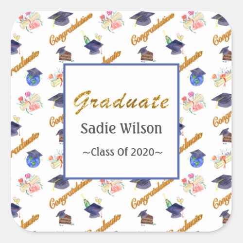 Personalize Graduate Watercolor Cap Diploma Cake Square Sticker