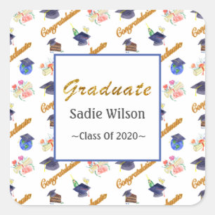 Personalize Graduate Watercolor Cap, Diploma, Cake Square Sticker