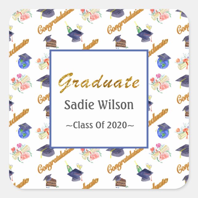 Personalize Graduate Watercolor Cap, Diploma, Cake Square Sticker (Front)