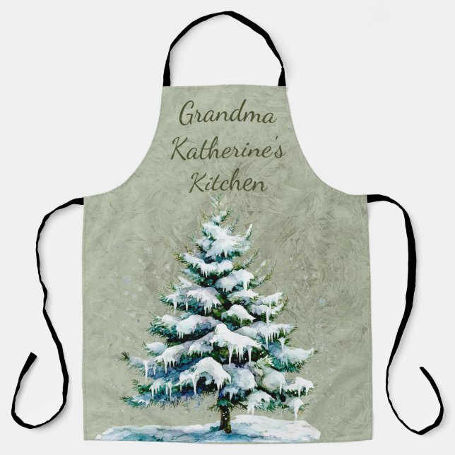 Personalize Grandma’s Winter Snowy Spruce Tree Apron (Front)