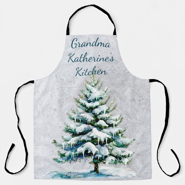 Personalize Grandma’s Winter Snowy Spruce Tree Apron (Front)