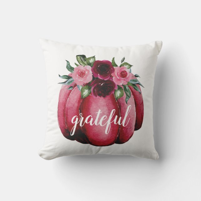 Personalize Grateful Pink Pumpkin Outdoor Pillow (Front)