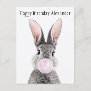 Personalize Gray rabbit blowing pink bubble gum Postcard