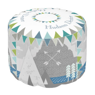Personalize Green Blue Gray Tepee Mountain Nursery Pouf