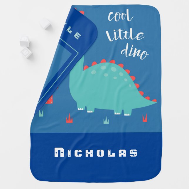 Personalize Green Dinosaur on Blue Background Baby Blanket (In Situ)