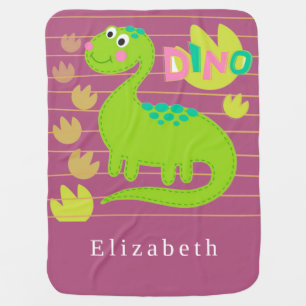 Personalize Green Dinosaur on Stripe Background Baby Blanket
