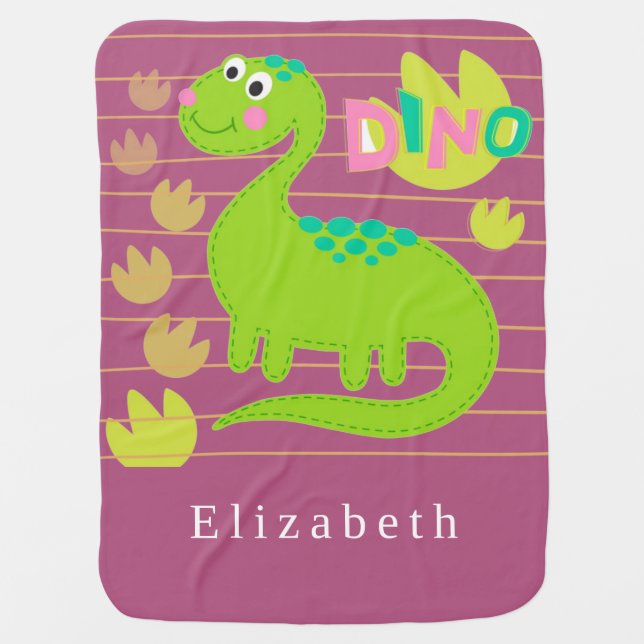 Personalize Green Dinosaur on Stripe Background Baby Blanket (Front)