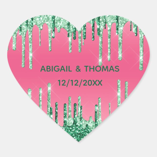 Personalize Green Glitter Drips Pink Wedding Heart Sticker (Front)