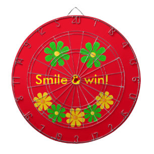 Personalize, green yellow smille flowers on red dartboard with darts
