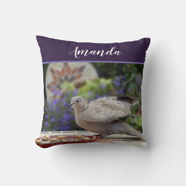 Personalize Greenery Purple Flowers Bird Dove Throw Pillow (Front)