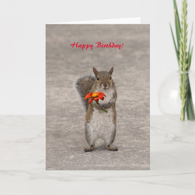 Personalize greetings Squirrel with flower Card (Front)
