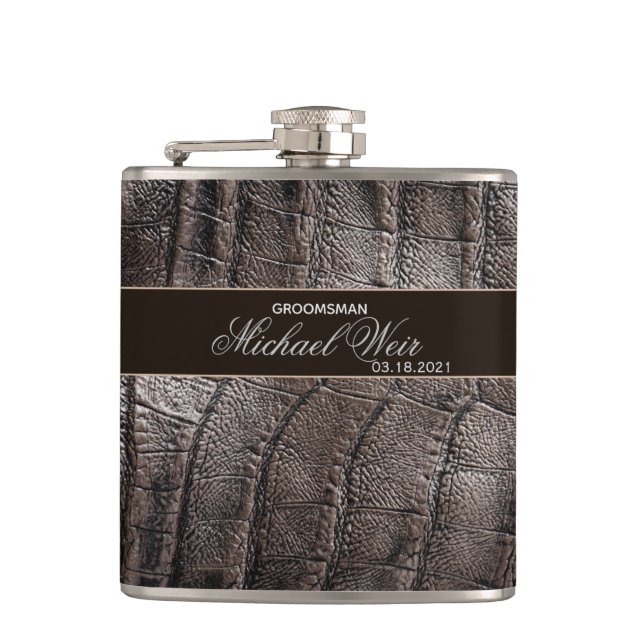 Personalize Groomsman Brown Leather Covered Flask (Front)
