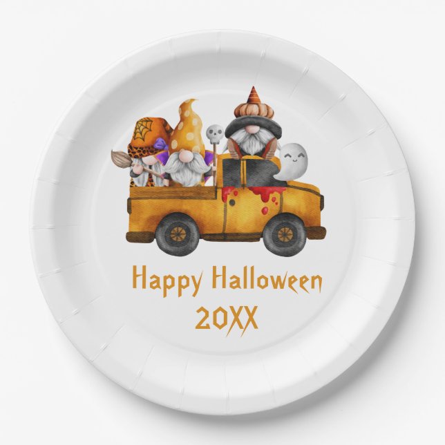 Personalize Halloween Gnomes Orange Truck Paper Plates (Front)
