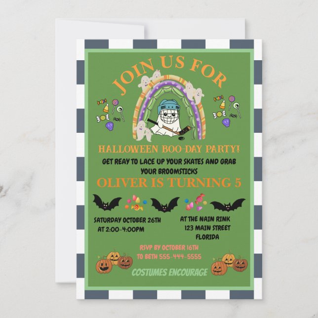 Personalize halloween hockey-themed kids' birthday invitation (Front)