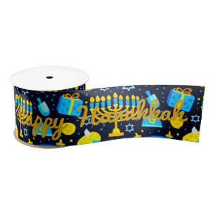 Personalize HANUKKAH Blue Gold Satin Ribbon