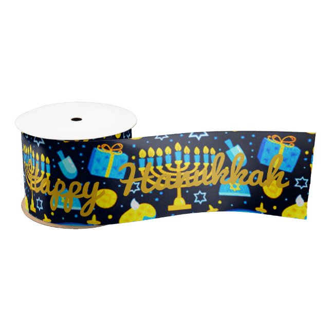 Personalize HANUKKAH Blue Gold Satin Ribbon (Spool)