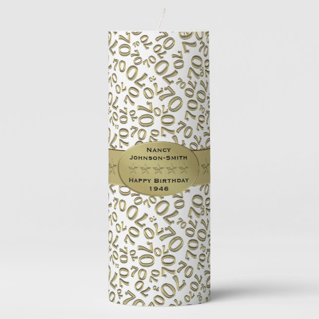 Personalize:  Happy 70th Birthday Party Theme Pillar Candle (Front)