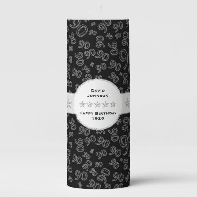 Personalize:  Happy 90th Birthday Party Theme Pillar Candle (Front)