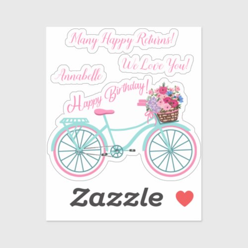 Personalize Happy Birthday Bike Flower Basket Sticker