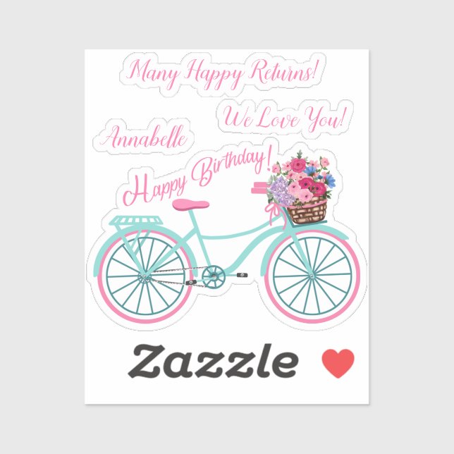Personalize Happy Birthday Bike Flower Basket Sticker (Sheet)