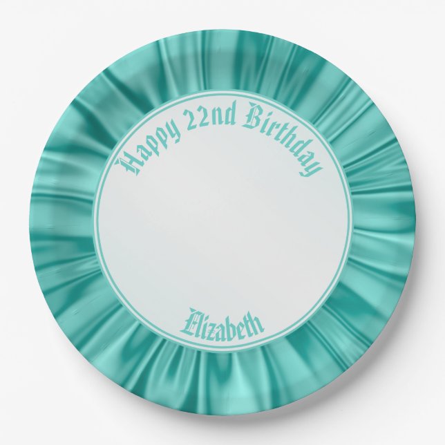 Personalize "Happy Birthday"  Faux Aqua Satin Paper Plates (Front)