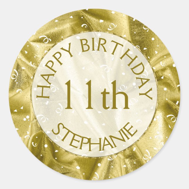 Personalize: "Happy Birthday" Gold Textured Classic Round Sticker (Front)