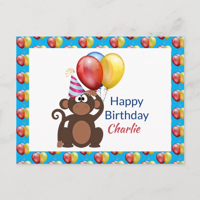 Personalize Happy Birthday Monkey and Balloons  Postcard (Front)