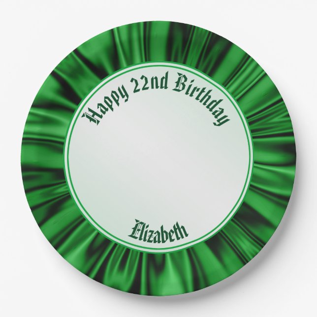 Personalize "Happy Birthday" on Faux Green Satin Paper Plates (Front)