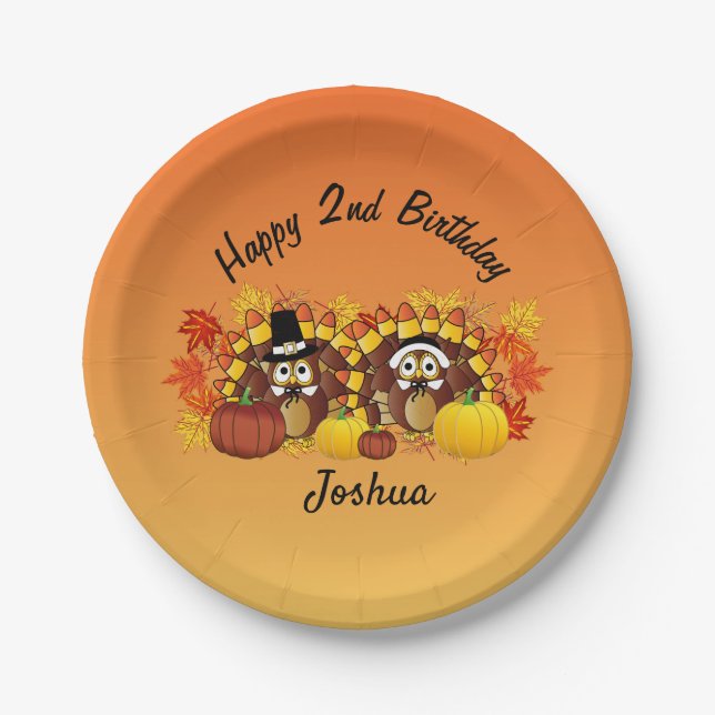Personalize Happy Birthday Owl Turkey Pilgrims Paper Plates (Front)